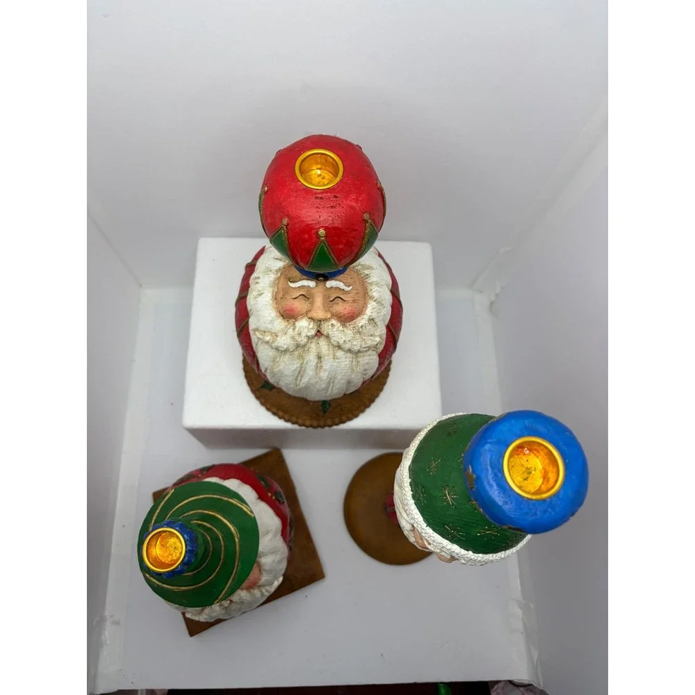 Vintage‎ Christmas Santa Candle Holder Set of 3 Resin Folk Art Holiday Decor